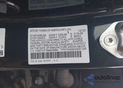 2021 Honda Accord Lx из США, поврежденный, VIN 1HGCV1F10MA026684